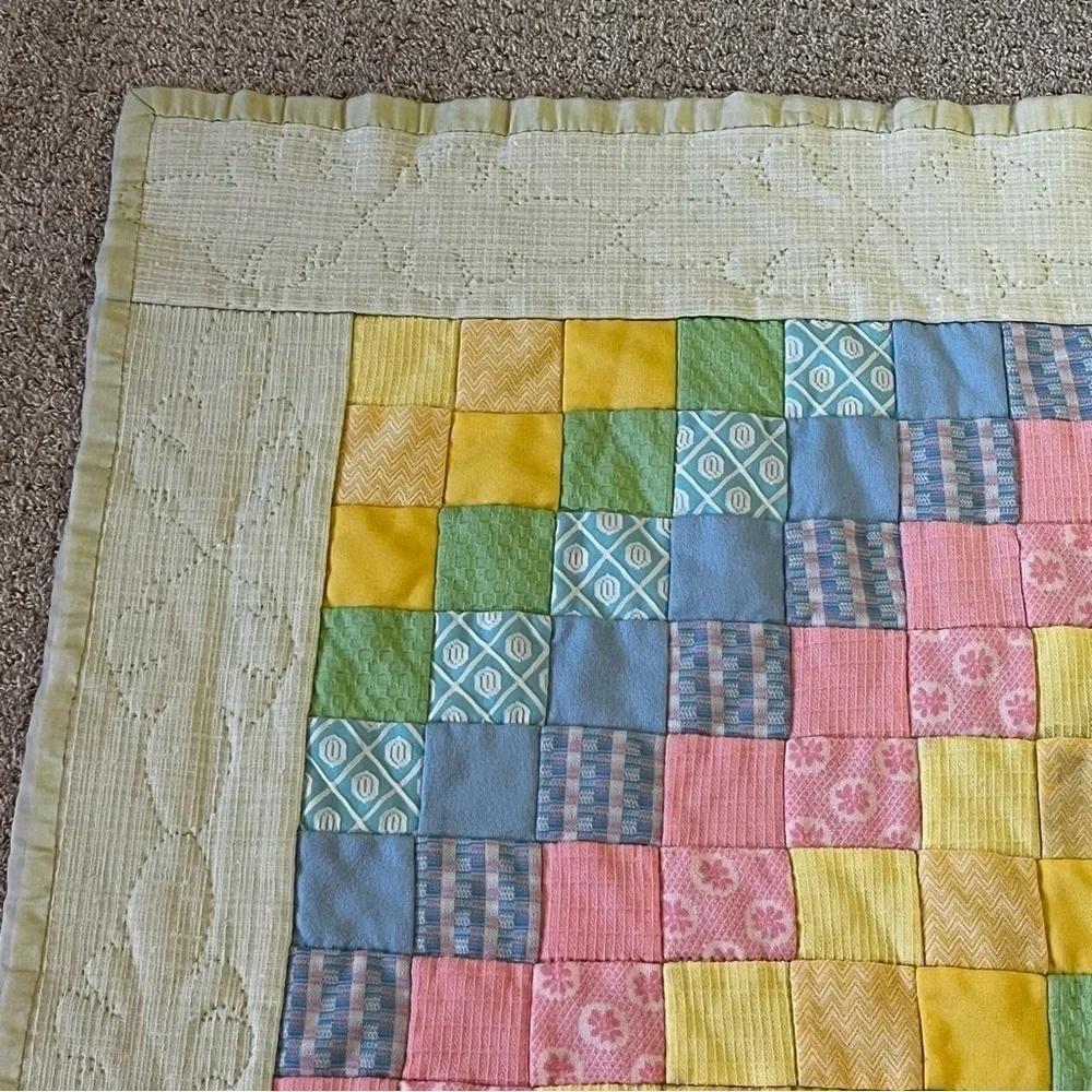 Pastel Baby Quilt Handmade Patchwork Satin Edge Crib Blanket Easter Pink Green